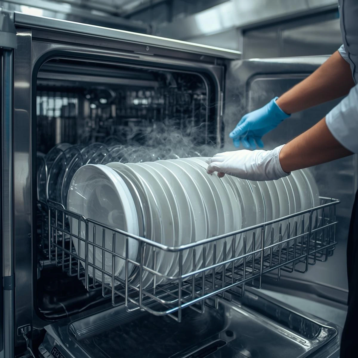 Lavavajillas industrial de acero inoxidable garantizando platos perfectamente limpios e higiénicos