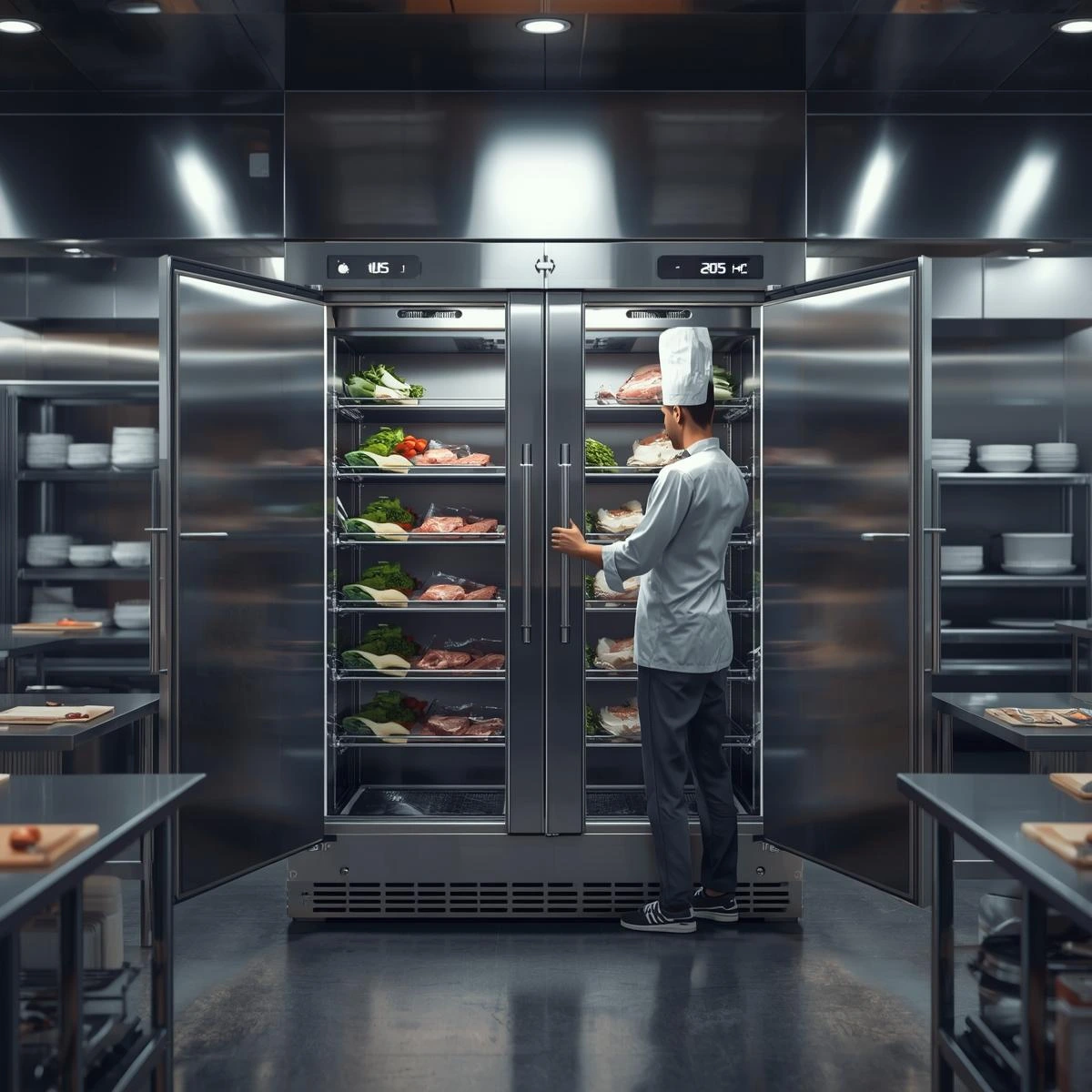 Nevera industrial de acero inoxidable de puertas dobles en una cocina de restaurante