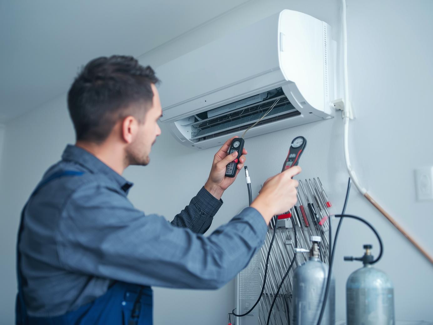 Técnico diagnosticando aire acondicionado