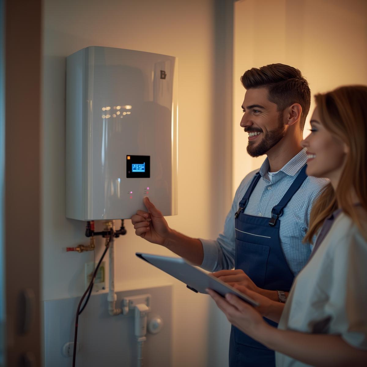 Técnico revisando caldera