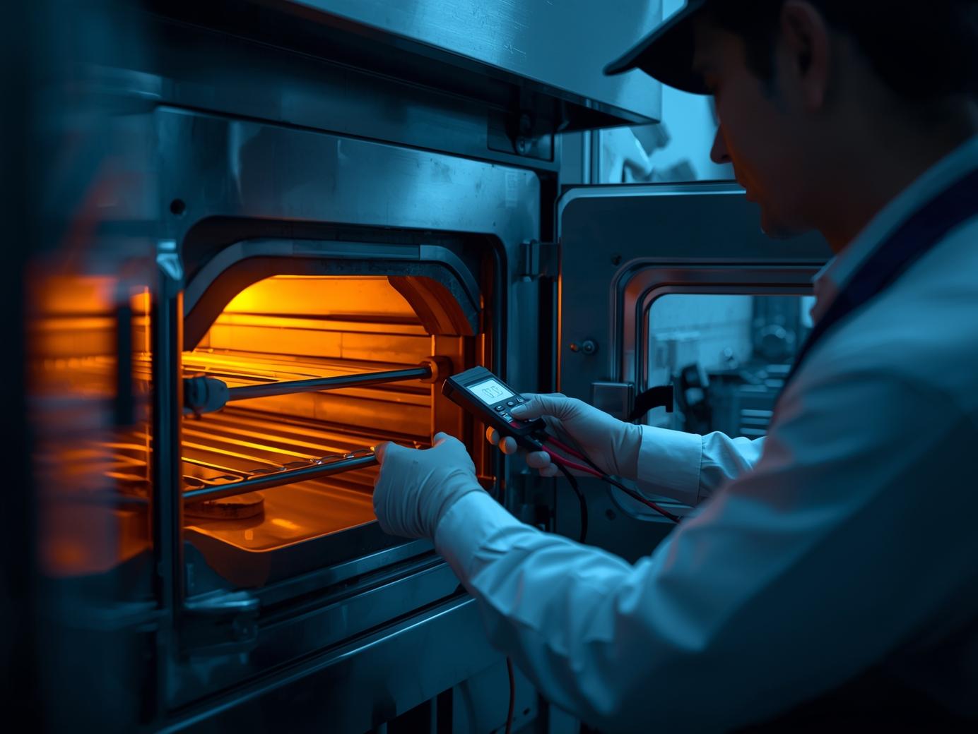 Técnico reparando horno industrial