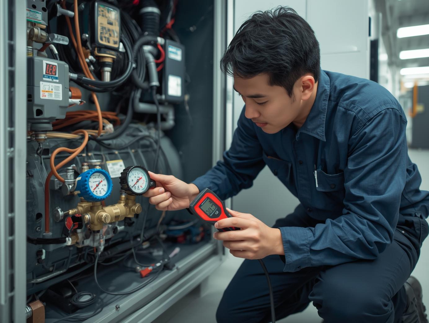 Técnico reparando cámara frigorífica